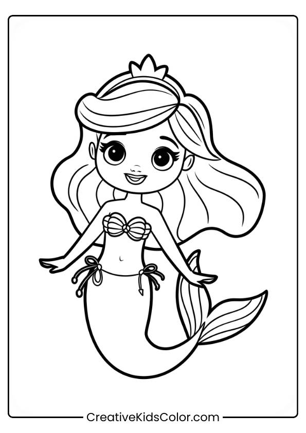 Mermaid Princess With Big Eyes Swimming Underwater With Bubbles In This Cute Coloring Page.