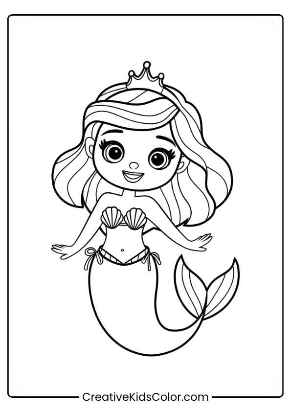 Mermaid Princess Swimming Gracefully Underwater With A Crown And A Gentle Smile In This Coloring Page.