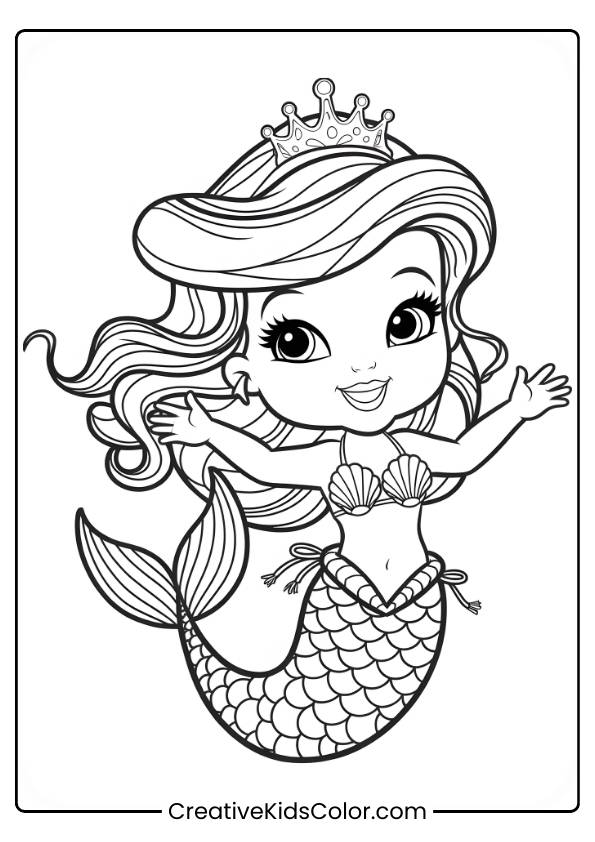 Chibi-Style Mermaid Princess Swimming Underwater With A Crown And Detailed Tail In This Cute Coloring Page.