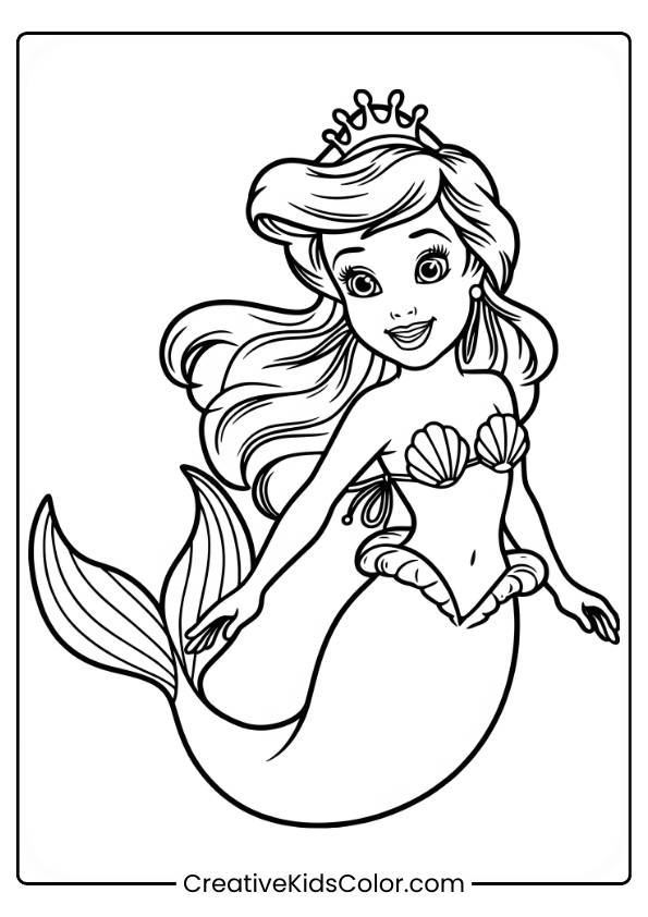 A Young Mermaid Princess With Long Wavy Hair And A Crown Swims Gracefully, Her Tail Trailing Behind Her. Her Curious Expression Adds Charm To The Scene.