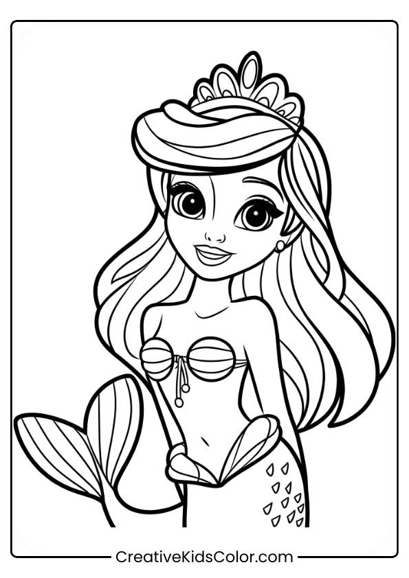 Mermaid Princess Swimming In Side Profile With Bubbles In This Underwater Coloring Page.