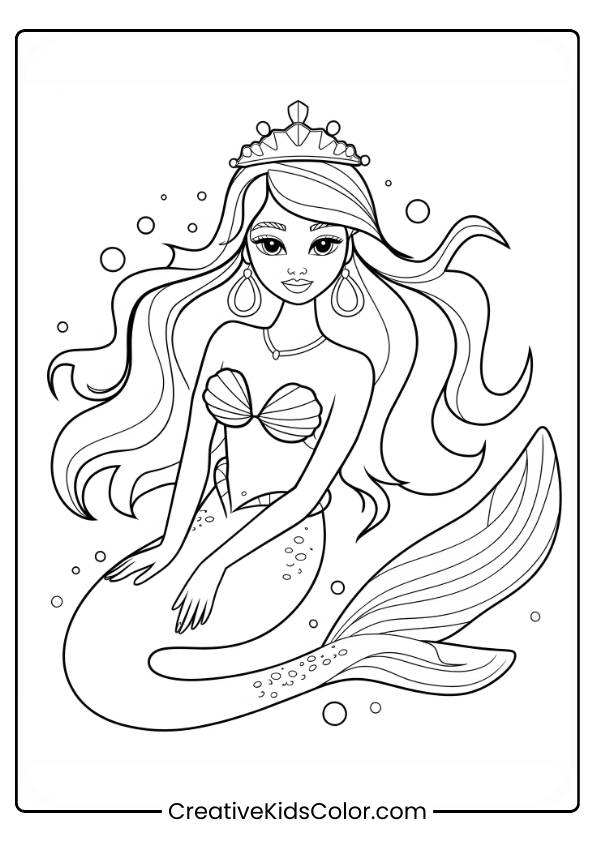 Mermaid Princess Swimming Gracefully Underwater With Bubbles And A Crown In This Coloring Page.