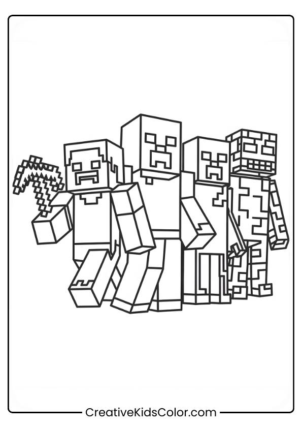 Four Minecraft Characters, Including A Humanoid With A Pickaxe, A Zombie-Like Figure, And Others, Stand Side By Side.