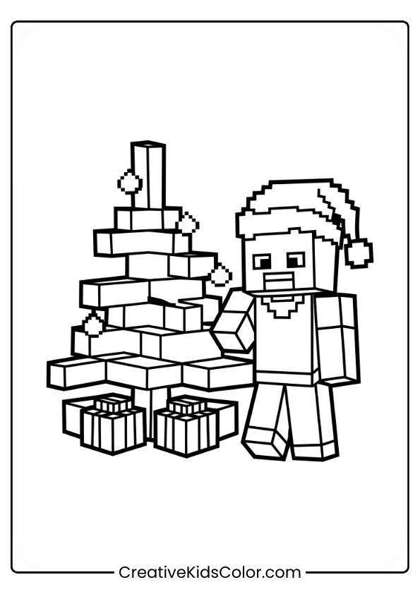 A Minecraft Character Wearing A Santa Hat Stands Next To A Christmas Tree Decorated With Baubles And Presents At The Base.