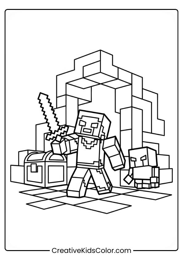 A Minecraft Character, Armed With A Sword, Is Joined By A Smaller Companion In A Cave-Like Environment With A Treasure Chest.