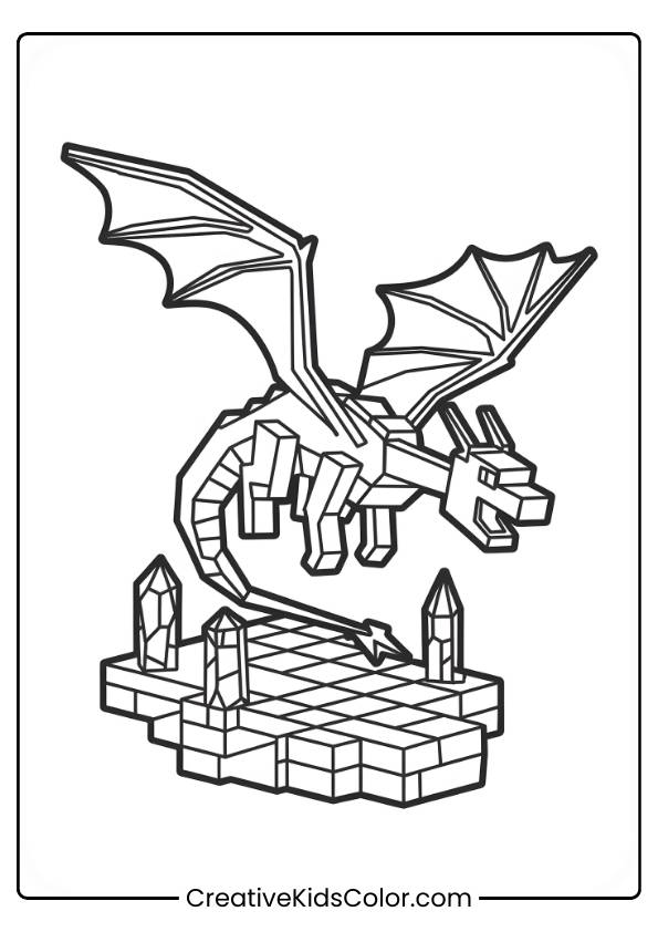 The Ender Dragon Is Depicted Soaring Above A Platform With Its Wings Spread Wide, And Crystalline Structures Below.
