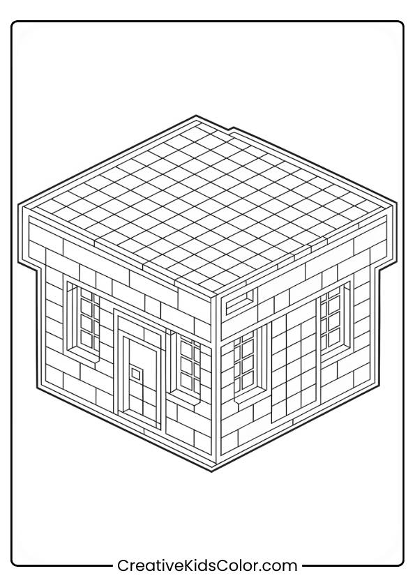 A Blocky, Three-Dimensional House With Windows, A Door, And A Flat Roof. The Structure Is Simple And Pixelated, Resembling A Minecraft-Style Home.