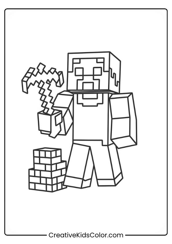 Steve, A Pixelated Character, Is Holding A Pickaxe In One Hand And A Stack Of Blocks In The Other, Standing Against A Plain Background.
