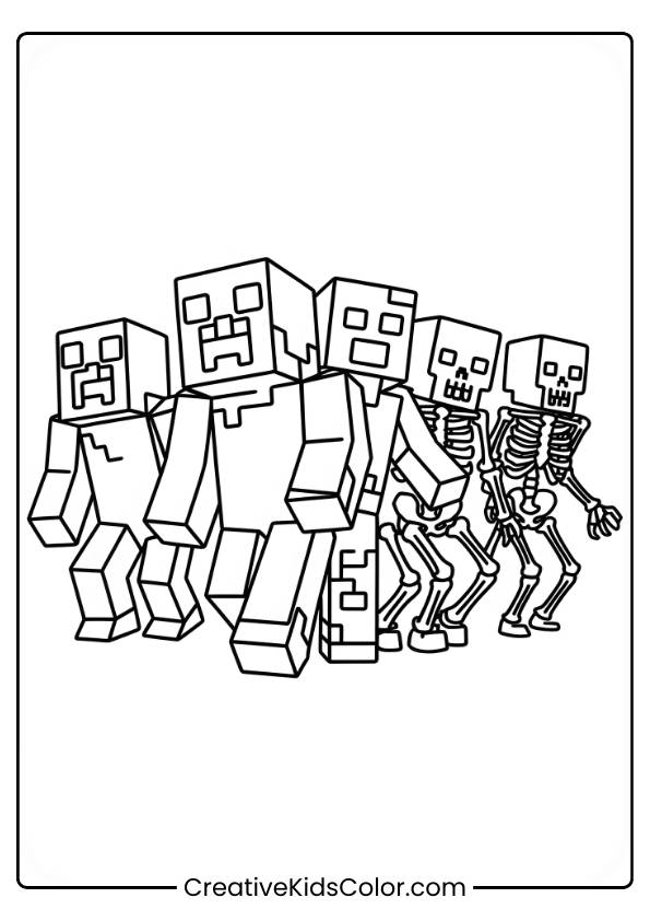 Four Pixelated Minecraft Mobs, Each With Distinct Facial Expressions, Stand Side By Side Against A Plain Background.