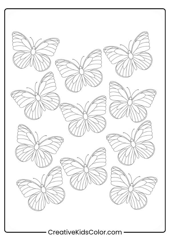 Schmetterlings Ausmalbild Mit Einer Kreisförmigen Anordnung Mehrerer Kunstvoll Gestalteter Schmetterlinge Mit Symmetrischen Flügeln.
