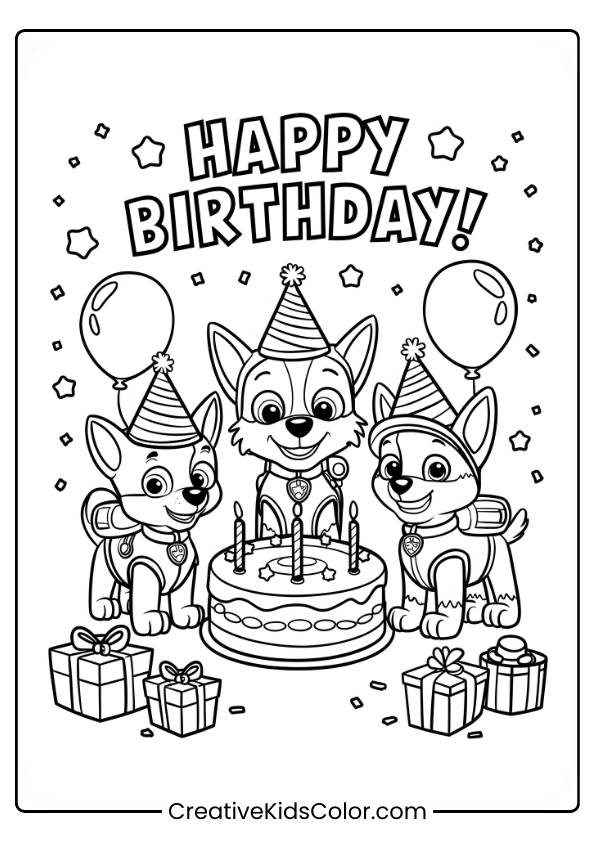 Paw Patrol Ausmalbild Mit Drei Hunden In Partyhüten, Die Neben Einem Geburtstagskuchen Und Luftballons Feiern.
