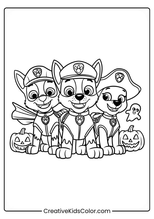 Paw Patrol Ausmalbild Mit Drei Hunden In Kostümen, Darunter Ein Pirat Und Ein Superheld, Umgeben Von Kürbissen.
