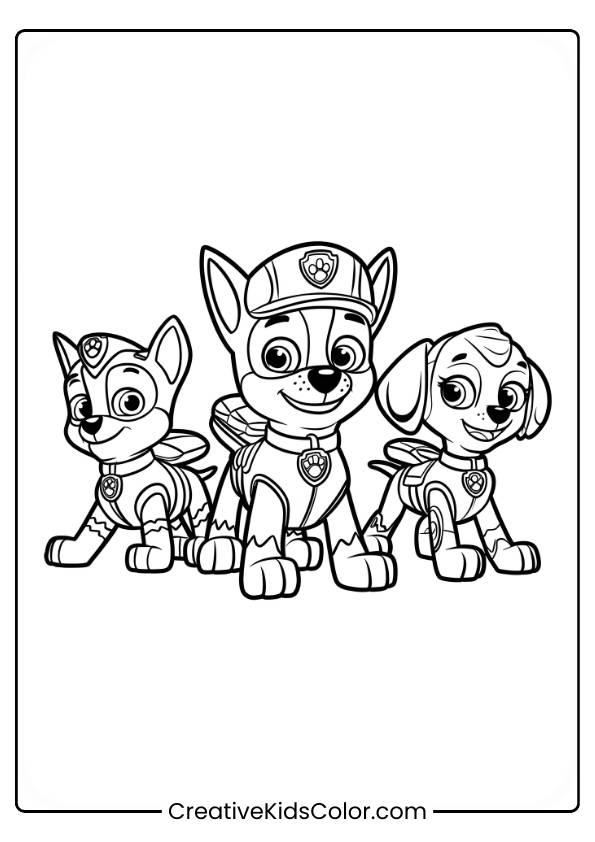 Paw Patrol Ausmalbild Mit Drei Hunden In Uniform, Jeder Mit Einem Abzeichen, Die Nebeneinander Stehen.
