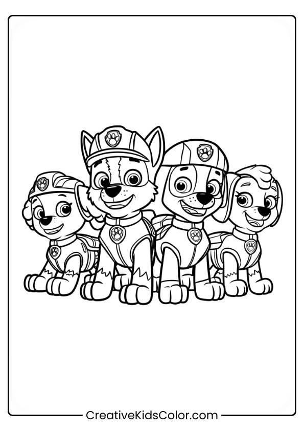 Paw Patrol Ausmalbild Mit Vier Welpen In Bunten Uniformen, Jeder Mit Einem Abzeichen, Die Nebeneinander Stehen.
