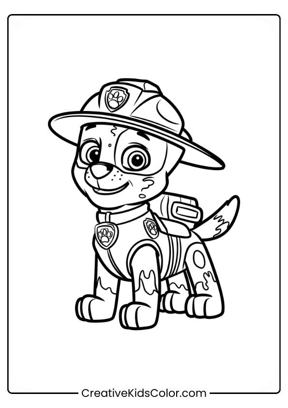 Paw Patrol Ausmalbild Mit Tracker, Der Mit Hut Und Halsband Fröhlich Lächelt, Vor Einem Schlichten Hintergrund.
