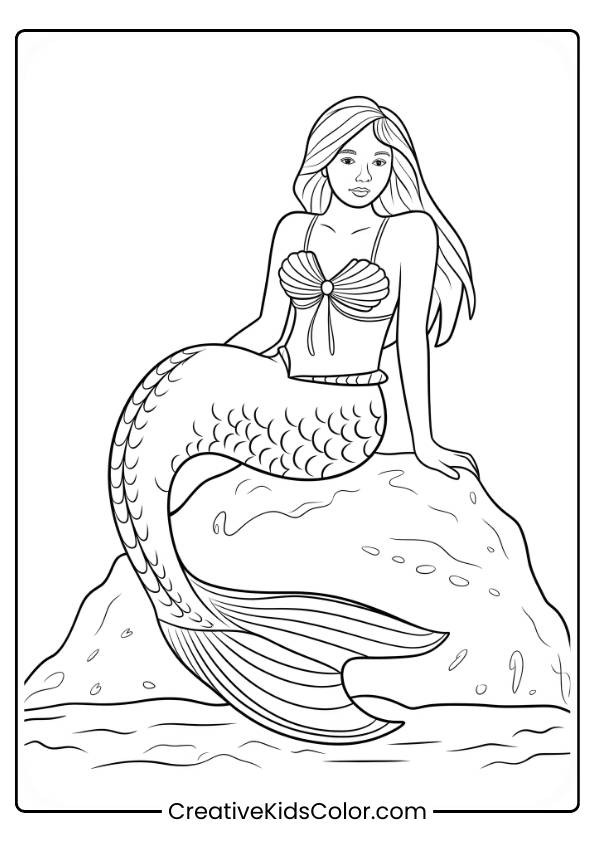 Pretty Mermaid Sitting On A Rock With Bubbles Rising Around Her In This Serene Coloring Page.