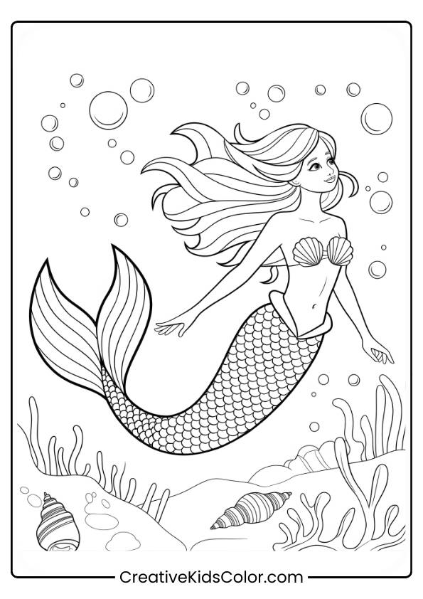 Pretty Mermaid Swimming Gracefully Near The Ocean Floor With Bubbles And Seashells In This Peaceful Coloring Page.
