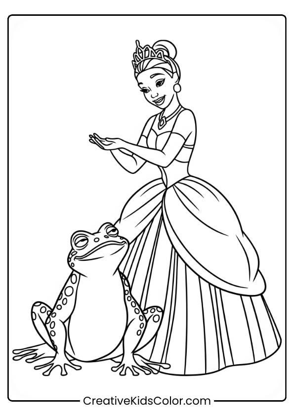Prinzessin Ausmalbild Mit Tiana, Die Neben Einem Überraschten Frosch Steht, In Einem Eleganten Kleid Und Mit Krone.
