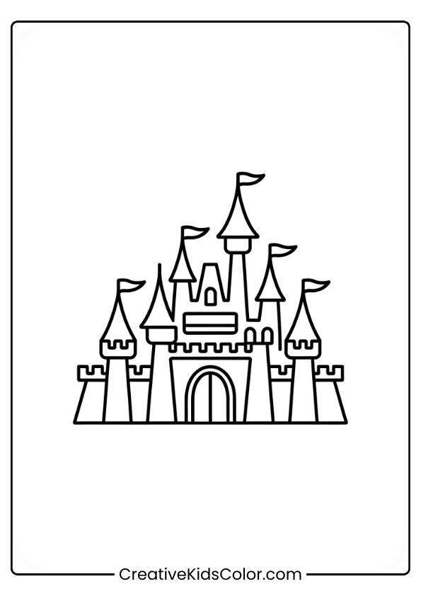 Prinzessin Ausmalbild Mit Einem Märchenhaften Schloss Mit Türmen, Fahnen Und Einem Großen Eingang.
