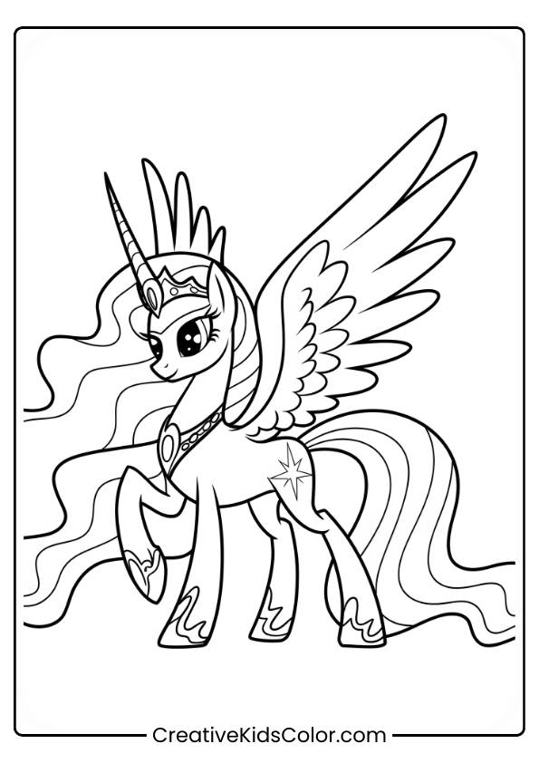 Prinzessin Ausmalbild Mit Celestia, Einem Geflügelten Einhorn, Das Elegant Mit Erhobenem Huf Dasteht.

