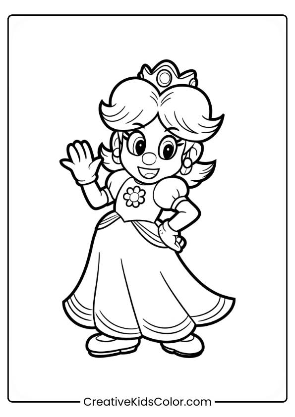 Prinzessin Ausmalbild Mit Daisy, Die In Einem Blumigen Kleid Und Mit Krone Winkt.
