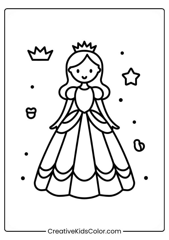 Prinzessin Ausmalbild Mit Einer Prinzessin Im Ballkleid, Umgeben Von Sternen Und Einer Krone.
