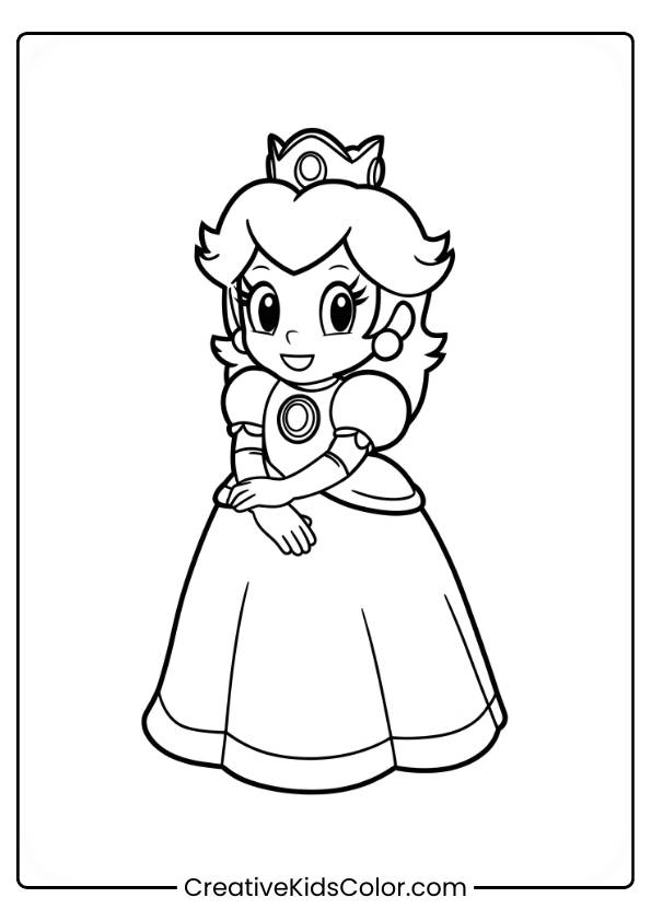 Prinzessin Ausmalbild Mit Toadstool, Die Fröhlich In Einem Kleid Und Mit Krone Dasteht.
