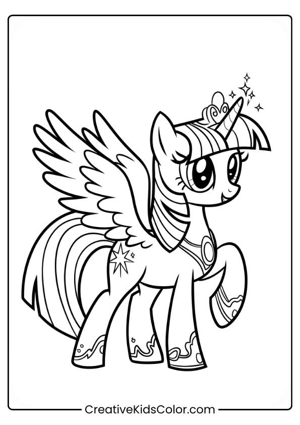 Prinzessin Ausmalbild Mit Twilight Sparkle, Einem Geflügelten Einhorn, Das Mit Ausgebreiteten Flügeln Und Einem Sternengemusterten Schweif Dasteht.
