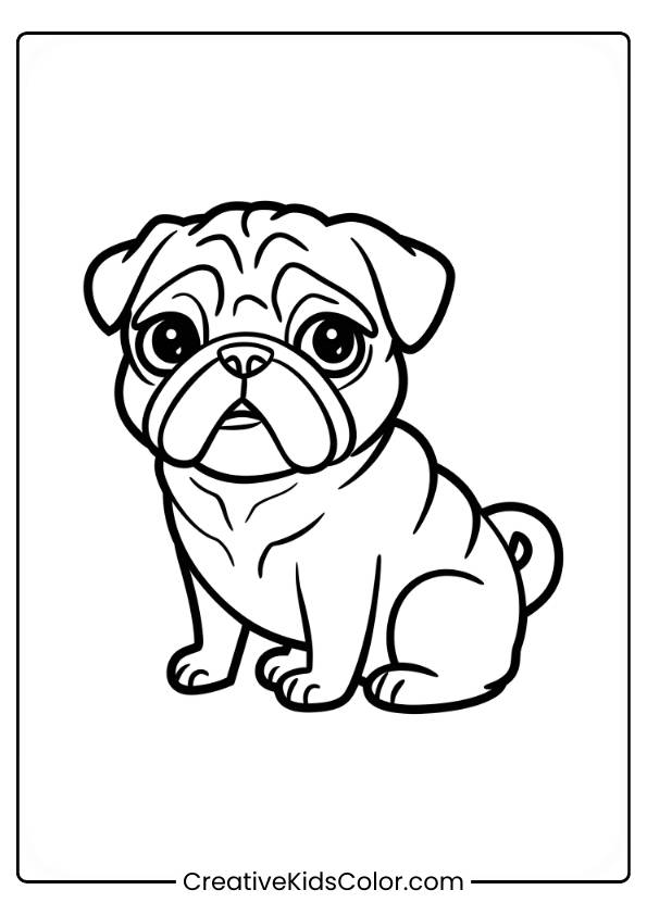 Adorable Pug With Wrinkled Face And Curly Tail Sitting Upright In A Dog Coloring Page.