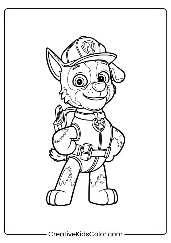 Paw Patrol Ausmalbild Mit Rocky, Der Selbstbewusst Mit Einem Werkzeug In Der Hand Dasteht, Mit Mütze Und Werkzeuggürtel.
