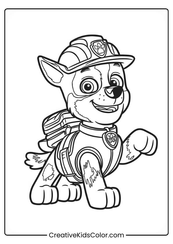 Paw Patrol Ausmalbild Mit Rubble, Der Einen Bauhelm Und Eine Weste Trägt Und Eine Pfote Hebt.
