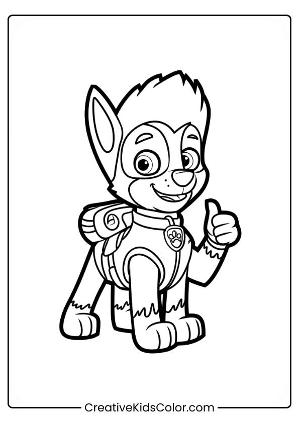 Paw Patrol Ausmalbild Mit Ryder, Der Mit Einem Fröhlichen Lächeln Einen Daumen Hoch Zeigt, Mit Einem Abzeichen Auf Der Weste.
