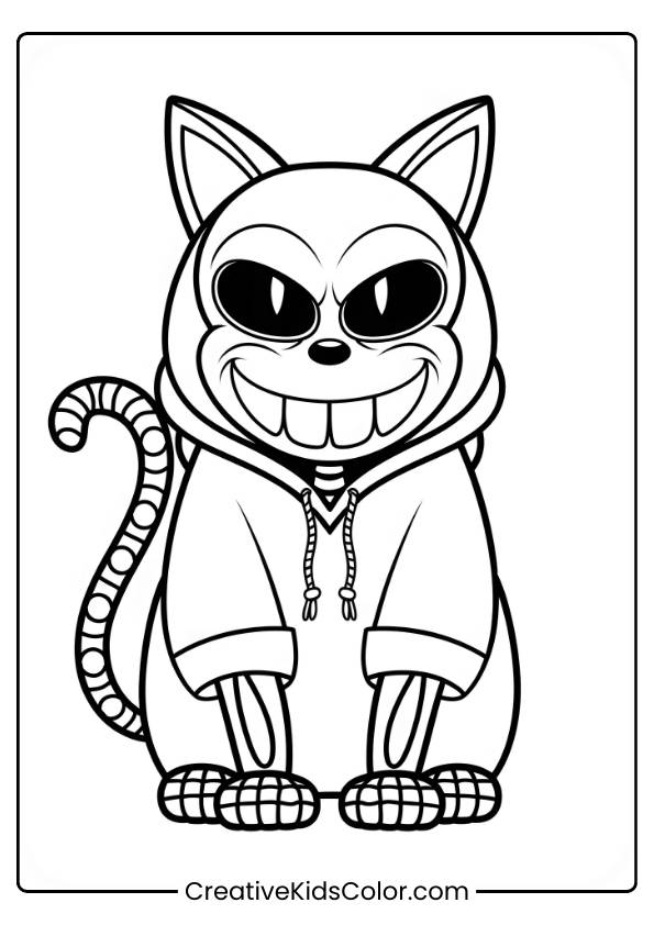 Katzen Ausmalbild Mit Einer Katze In Einem Kapuzenpulli, Die Breit Grinst, Fröhlich Sitzt Und Den Schwanz Eingerollt Hat.
