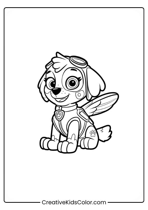 Paw Patrol Ausmalbild Mit Skye, Die Entspannt Sitzt, Mit Fliegerbrille Auf Dem Kopf Und Kleinen Flügeln Auf Dem Rücken.

