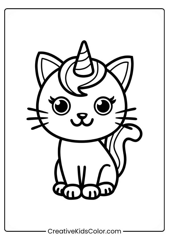 Katzen Ausmalbild Mit Einer Cartoon-Katze Mit Einhornhorn, Großen Augen Und Gestreiftem Schwanz, Die Aufrecht Sitzt.
