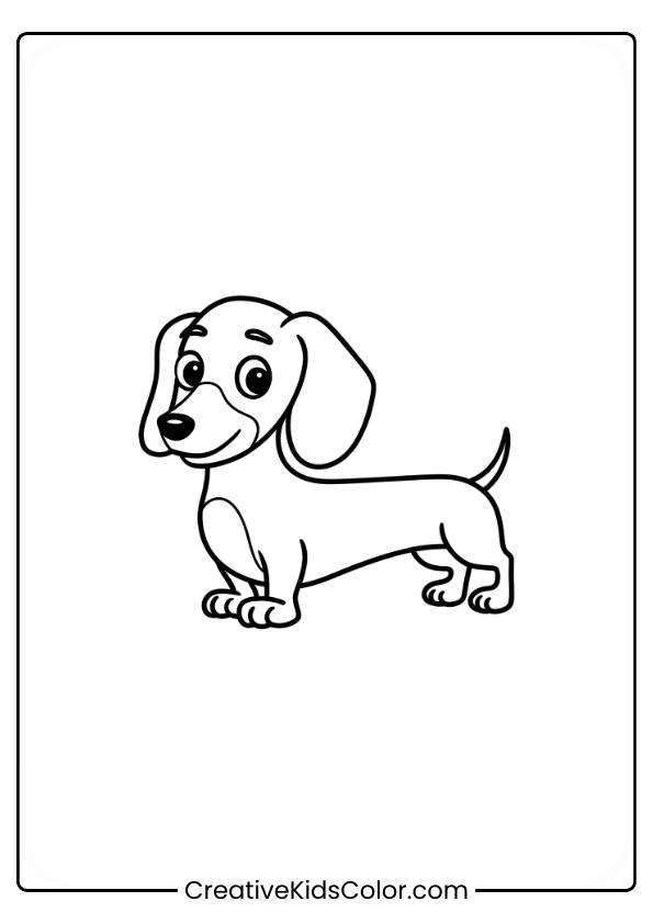 Wiener Dog With Long Body And Droopy Ears In A Cartoon-Style Dog Coloring Page.