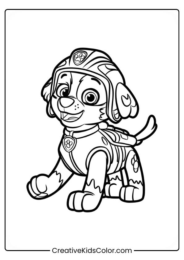 Paw Patrol Ausmalbild Mit Zuma, Der Mit Helm Und Abzeichen Nach Vorne Rennt, Spielerisch Die Zunge Herausstreckend.
