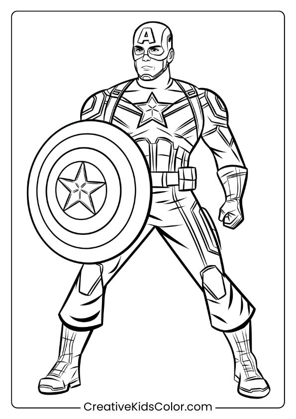 Captain America Coloring Page Featuring The Superhero In His Iconic Costume With His Shield, Ready For Action.