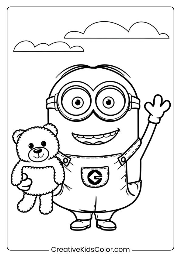 A Minion Coloring Page Featuring Bob Holding A Teddy Bear, Waving Happily, And Surrounded By Fluffy Clouds In The Sky.