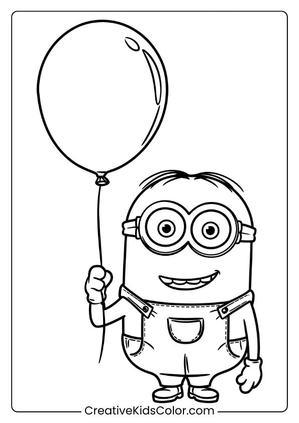 A Minion Coloring Page Of Bob Holding A Balloon During A Festive Celebration, Perfect For Creative Fun.
