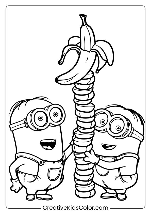 A Fun Minion Coloring Page With Two Minions Stacking A Banana Tower, Ideal For Creative Play.