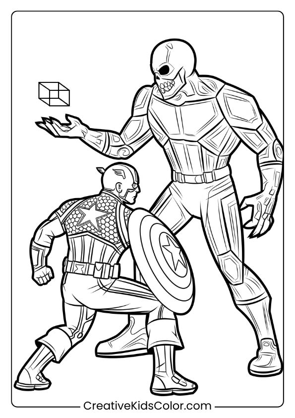 Captain America Coloring Page Featuring The Hero Facing Off Against Red Skull In A Dramatic Scene.