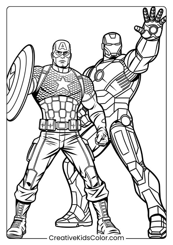 Captain America And Iron Man Coloring Page, Showcasing The Iconic Superheroes In Dynamic Battle Stances.