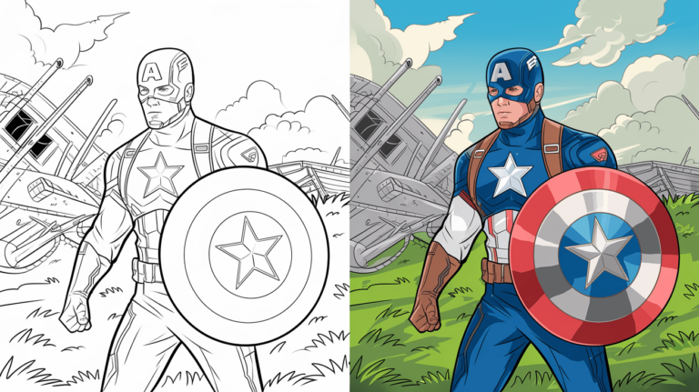 Captain America Coloring Page Cover, Left Side Black And White, Right Side Colored In A Fun, Nature-Filled Scene.