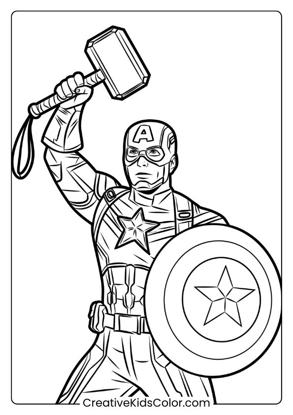 Captain America Endgame Coloring Page Featuring The Superhero Holding Mjolnir And His Shield In A Powerful Pose.