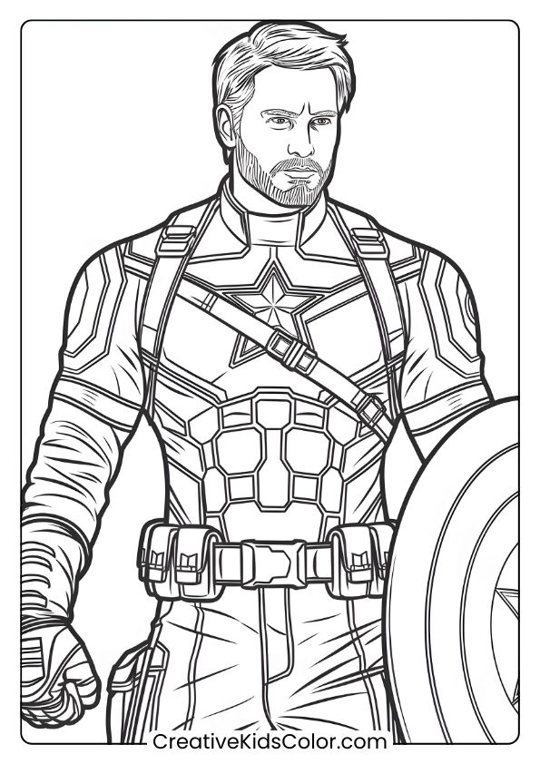 Captain America Infinity War Coloring Page Showing The Hero With His Detailed Suit And Shield In A Dynamic Pose.