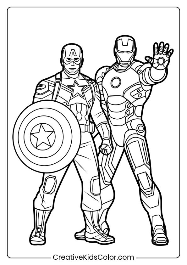 Captain America And Iron Man Coloring Page Featuring The Heroes In Their Signature Outfits And Poses.