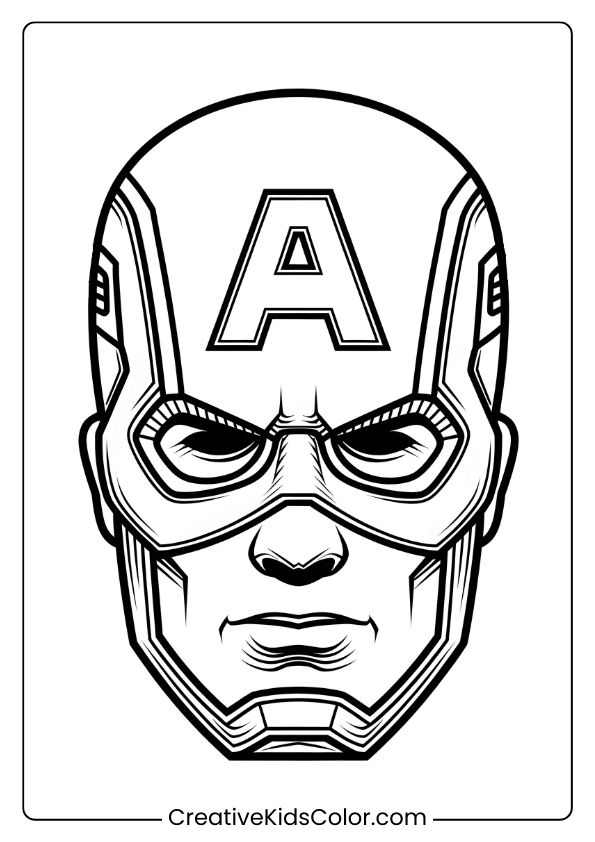 Captain America Mask Coloring Page Highlighting The Superhero’s Iconic Headgear And Intense Expression.