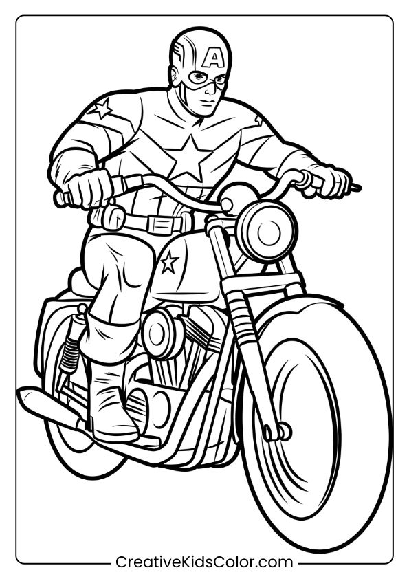 Captain America Coloring Page Featuring The Superhero Riding A Motorcycle With His Star-Emblazoned Helmet And Suit.