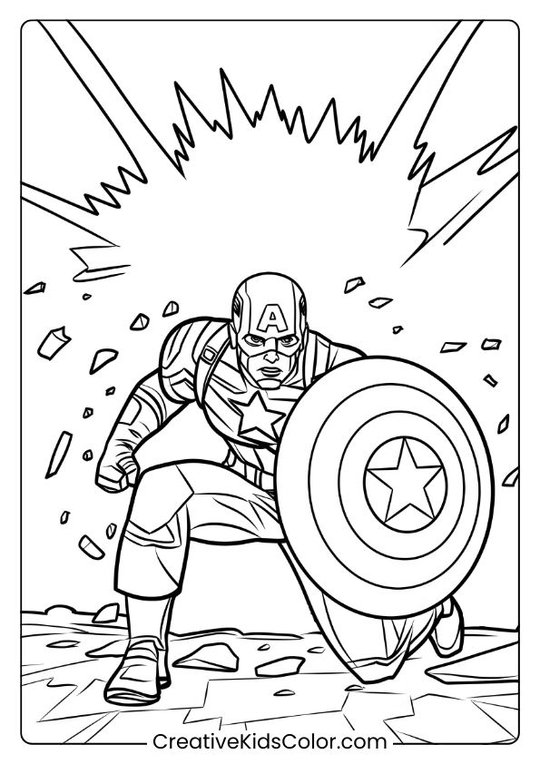 Captain America Coloring Page Depicting The Superhero In An Explosive Battle With His Shield In Focus.